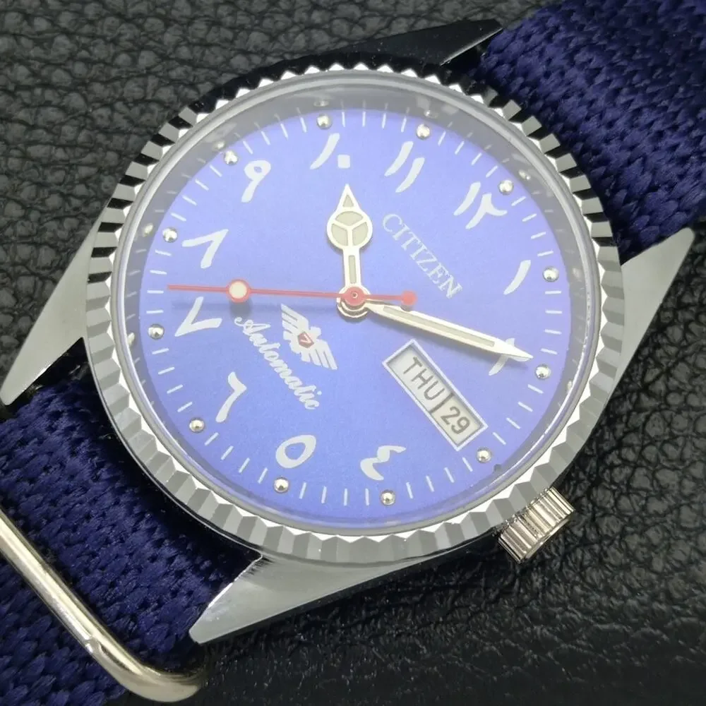 Vintage 1980 Citizen Automatic Mens Silver Watch W/daydate & Blue accents